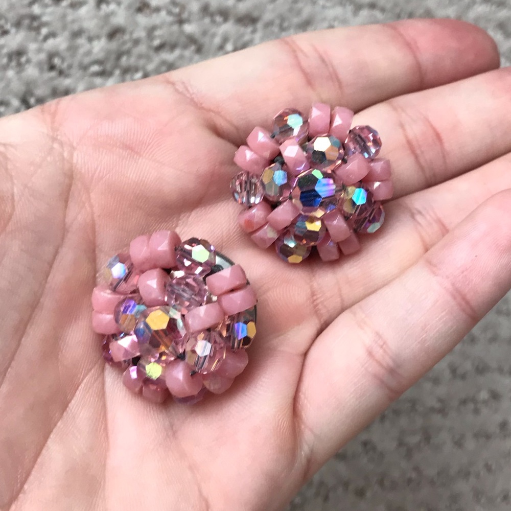 Vintage Pink Beaded Floral Round Clip On Earrings
